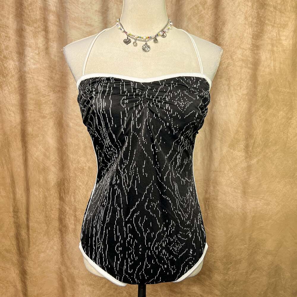 Vintage 80s One Piece Swimsuit Black Geometric Print Halter Union Made Beach